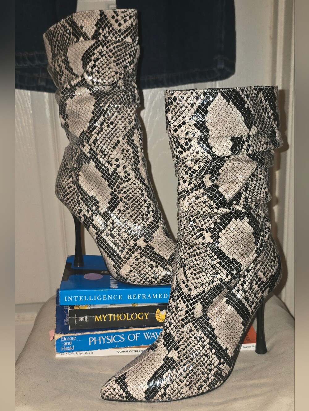 Fashion Nova Snakeskin Knee High Stiletto Boots Pointed Toe Slouchy Y2K